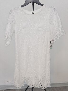 Sandra Darren White Eyelet Lace Mini Dress